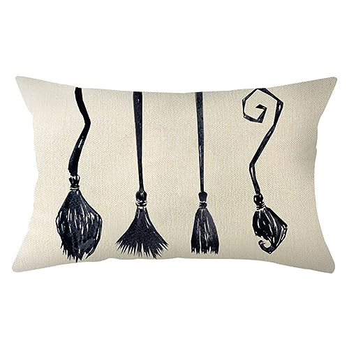 Halloween Witch Broom Throw Pillow Cover - 12x20 Inch Black Cushion Case