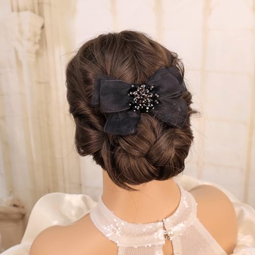 Pearl Flower Bow Hair Clip with Tulle and Crystals Black