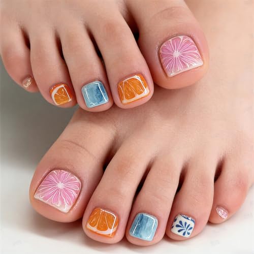 Short Square Press on Toenails Lemon Fruit Fake Toe Nails Acrylic Glossy