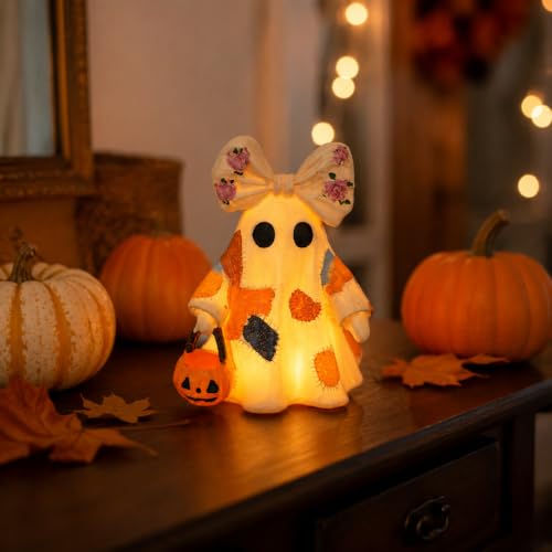 Halloween Ghost Night Light Figurine with Pumpkin Basket - Spooky Holiday Decor
