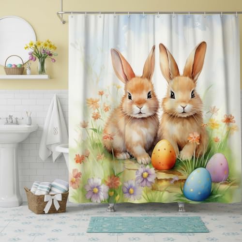 JAWO Vintage Bunny Rabbit Shower Curtain - 70x70 Inches, Spring Floral Design