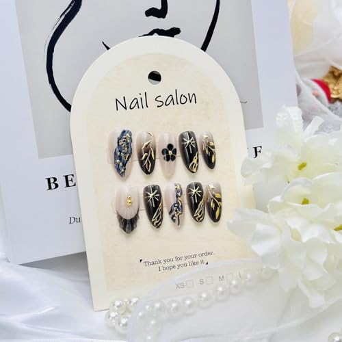 Black French Tip Press On Nails Medium Almond Fall Maple Leaf False Nails