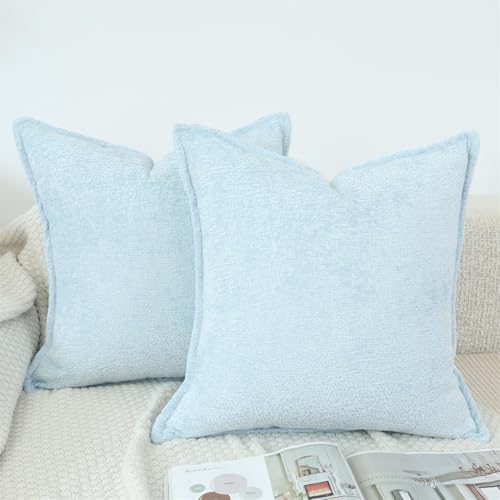 Chenille Throw Pillow Covers Set of 2 - Light Blue 20x20 Modern Accent Pillows