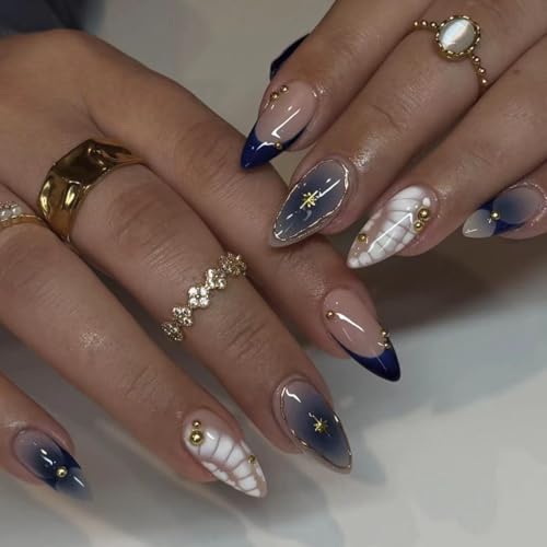 Bohemian Medium Almond Press on Nails Navy Nude Ombre False Nails Kit