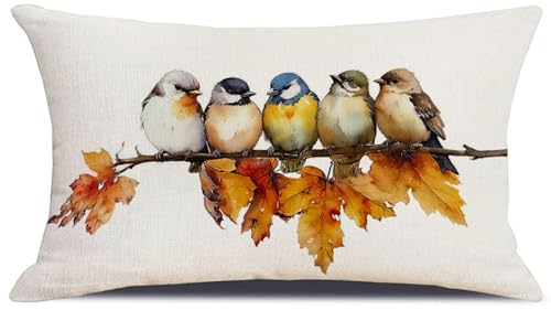 HIUCUS Orange Fall Birds Throw Pillow Cover 20x12 Inch Autumn Thanksgiving Decor