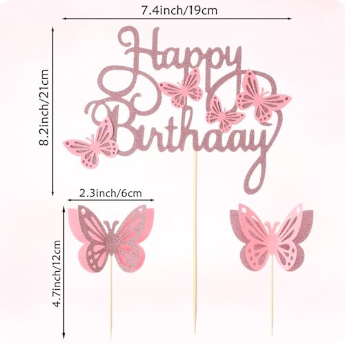 3D Pink Butterfly Cake Toppers Set with Happy Birthday Sign, 26Pcs