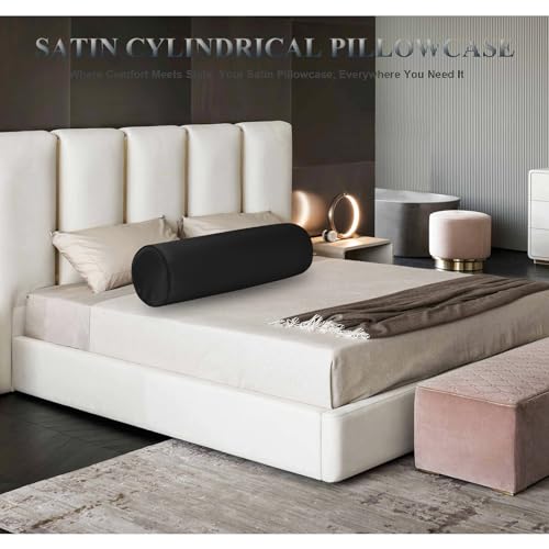 Velvetcossy Satin Cylinder Pillowcase - 16 x 6 Inch Bolster Cover, Black