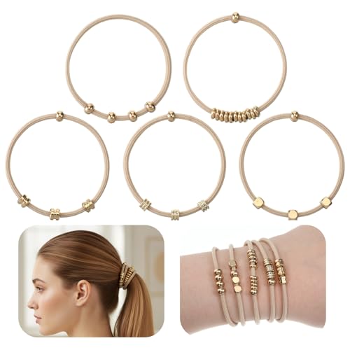 Boho Hair Tie Bracelet with Gold Beads – 5-Piece 2-in-1 Ponytail Holder Set