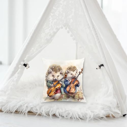 Musical Hedgehogs Throw Pillow Cover - 18x18 Inch Decorative Case
