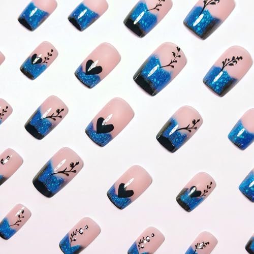 LYLYNB Blue Gradient French Tip Press on Nails Glossy Square Fake Nails with Heart Leaf Pattern