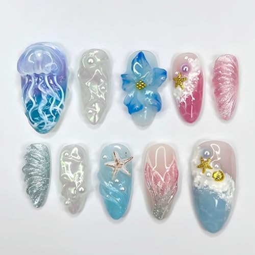 GUAACCB Medium Almond Press on Nails Summer Beach Fake Nails