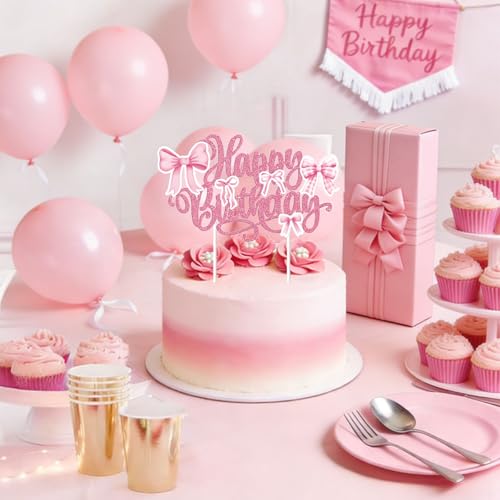 Happy Birthday Cake Topper with Elegant Pink Bow - Glitter Decoration