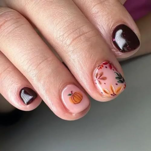 Fall Press On Nails Short Square Pumpkin Leaf Purple False Nails 24pcs