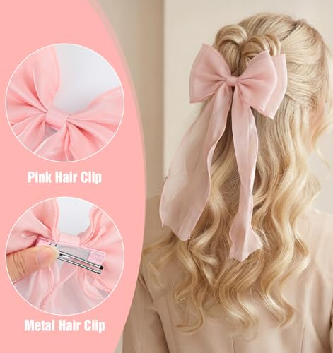 Light Pink Hair Bows with Long Ribbon Tail, 20cm Hair Clips for Women (2PCS)