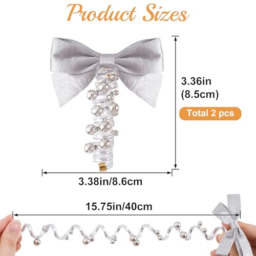 SmallCat 2PCS Bow Spiral Hair Ties with Beads Artificial Pearl Phone Cord Hair Bands