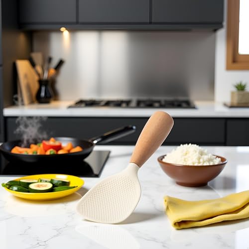 Cauaoa Heat Resistant Beige Silicone Rice Spoon - Standing Design
