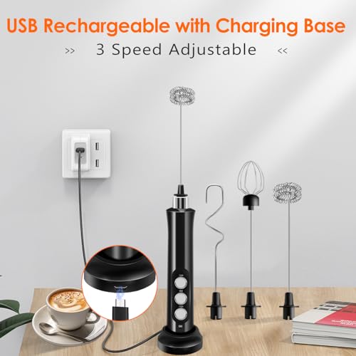 Styuanmmy Rechargeable Milk Frother, Black 3-Speed Electric Handheld Mixer