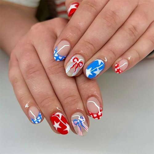 Sutaozhi 4th of July Press on Nails Medium Almond French Tip False Nails
