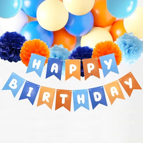 Blue and Orange Happy Birthday Banner for Kids Party Decor