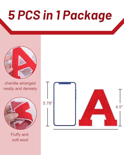 5PCS 4.5" Varsity Letter Patches Red Chenille Iron On Letters Patch