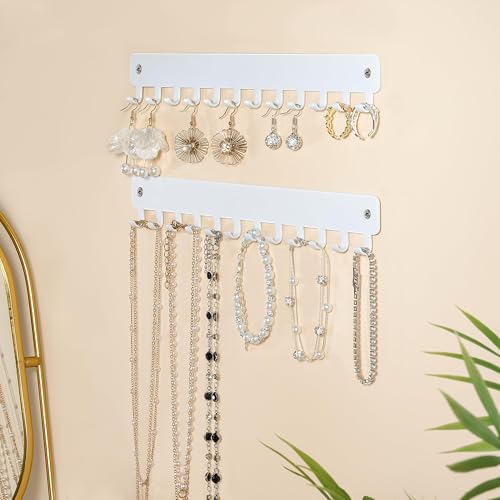Wall-Mounted Necklace Organizer with Hooks - 2 PCS White Jewelry Holder