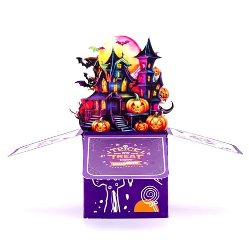 Purple Halloween 3D Pop-Up Birthday Card with Bats, Pumpkins & Skulls