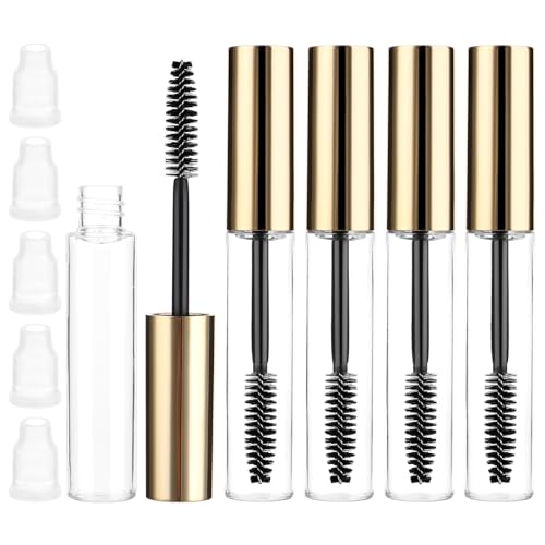 Tucnoeu 10ml Empty Mascara Tubes with Wands 5 Pcs - Gold Clear Refillable Castor Oil & Eyelash Serum Bottles