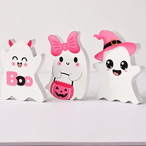 Cute Pink Wooden Ghost Halloween Table Decor - 3 PCs Set