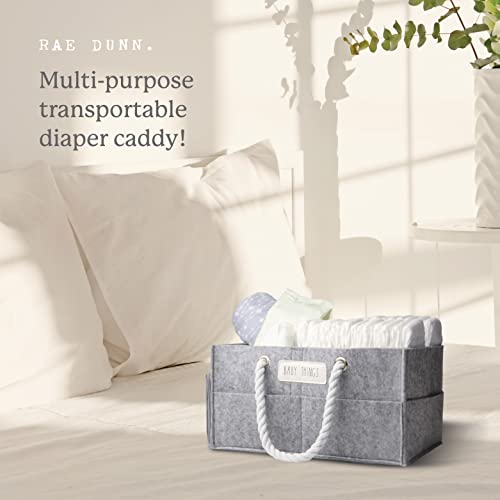 Rae Dunn Diaper Caddy Organizer, Things Storage for Nursery, Changing Table and Car, Portable Basket for Baby Items, Shower Gifts, Grey Felt With Rope Handles, Small