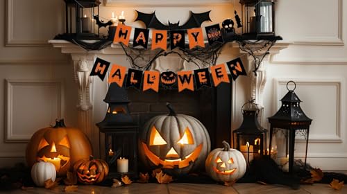 Happy Halloween Banner with Pumpkins Spiders Bats and Witch Hats