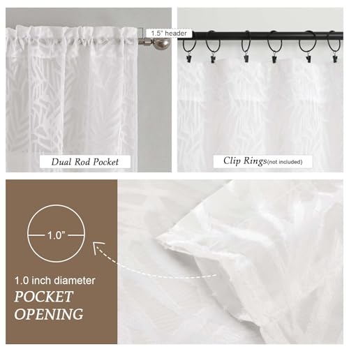 Short White Sheer Curtains 24" Length, 2 Panels with Jacquard Design