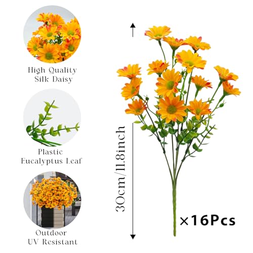 FOUSUKA 16 Bundles Orange Silk Daisy Artificial Flowers Outdoor UV Resistant Plant Decor
