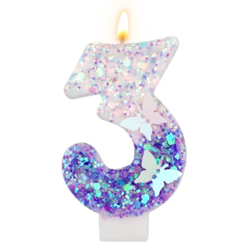 Purple Butterfly Glitter Number 3 Candle, 2.87 Inch Birthday Cake Topper