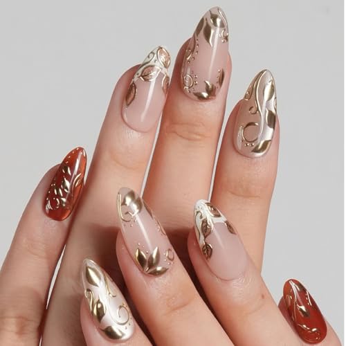 WLGDLH Red & White French Short Almond Press on Nails with Fall Maple Leaf Design - 24 Pcs