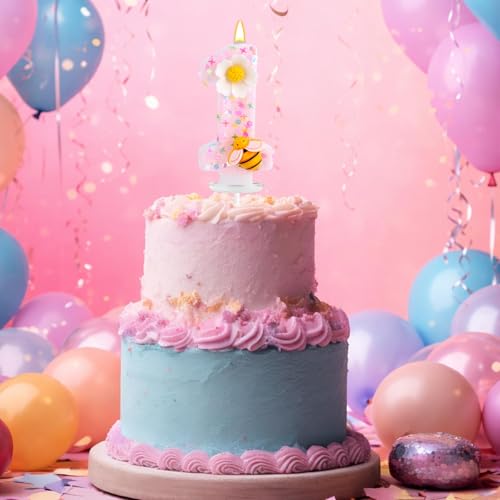 1st Birthday Candle - Shiny Pink Flower Bee Number One Cake Topper (Style 1)