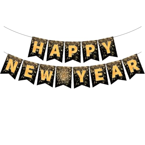 Happy New Year 2026 Banner | Elegant Black & Gold Party Decor
