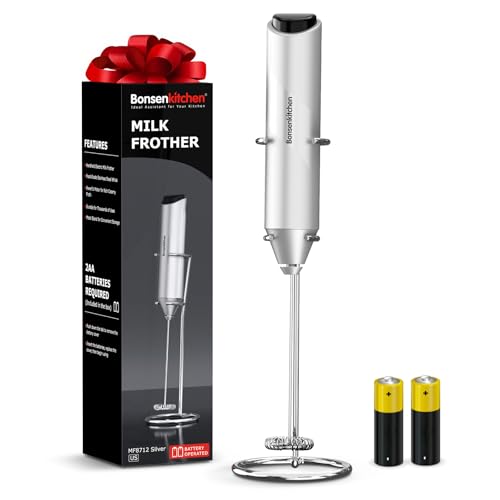 Bonsenkitchen Compact Silver Milk Frother with Stand - Battery Operated