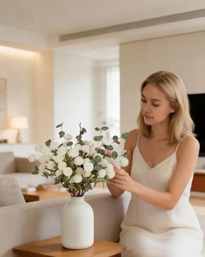10 Pcs White Silk Mini Chrysanthemum Artificial Flowers with Eucalyptus Stems