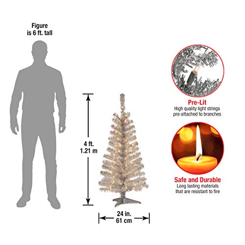 4ft Silver Tinsel Pre-Lit Christmas Tree - Artificial Holiday Tree with Lights