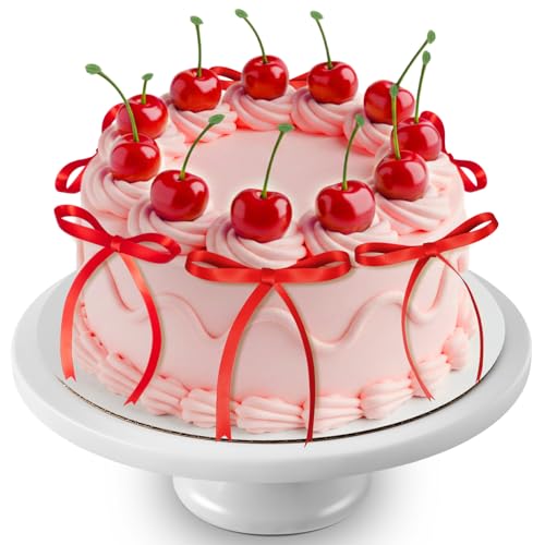 24 Pcs Fake Cherry Cake Toppers with Red Bows for Party Dessert Decor