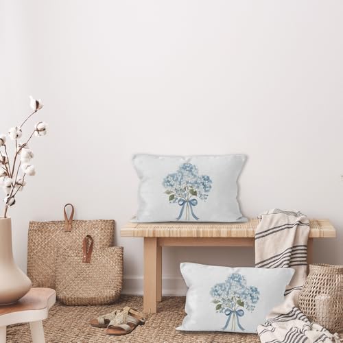 Blue Hydrangea Bow Throw Pillow Cover - 16x24 Flannel Decorative Case