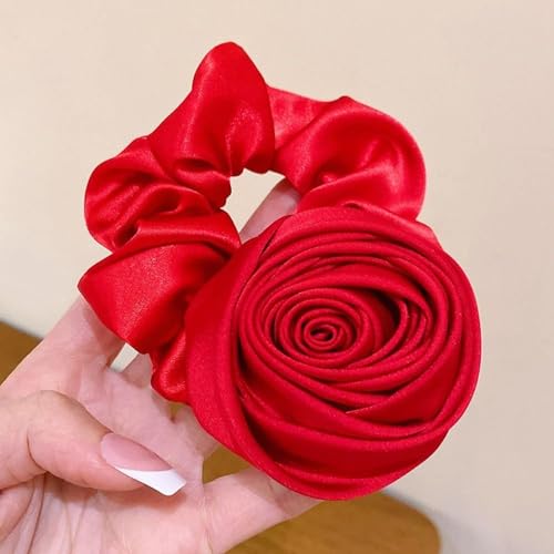 Silk Satin Hair Scrunchies Handmade Rose Flower Ponytail Holder Wine Red