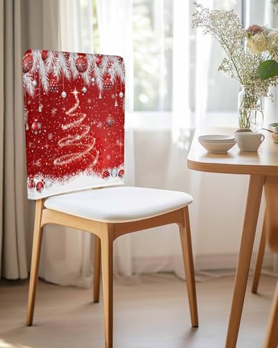 6PCS Christmas Chair Covers Set - Red Sparkle Ornaments, Slipcover for Dining Chairs