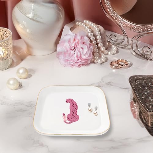 Ceramic Jewelry Dish Tray for Women - Pink Preppy Cheetah Print Ring & Trinket Holder