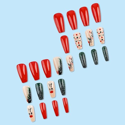 Christmas Press on Nails Medium Square Fake Nails Red Glitter Xmas Acrylic