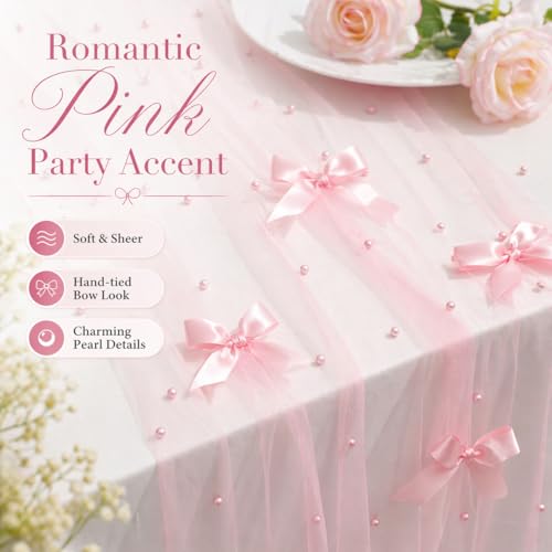 Pink Gauze Pearl Table Runner with Bow - 30x120 Inch for Weddings & Parties