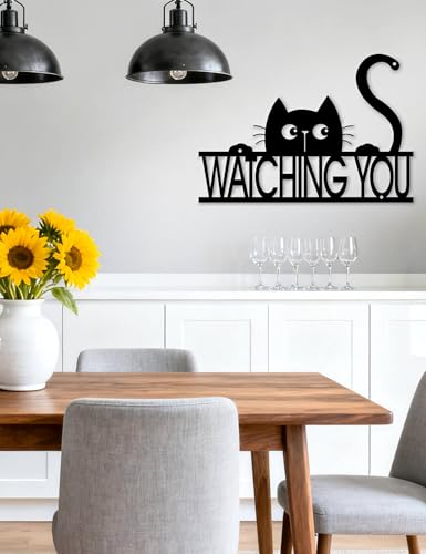 Funny Black Cat Wall Art - 'WATCHING YOU' Laser Cut Metal Sign