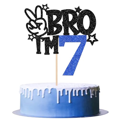 Brother I'm 7 Cake Topper - Blue Glitter Star Birthday Decoration