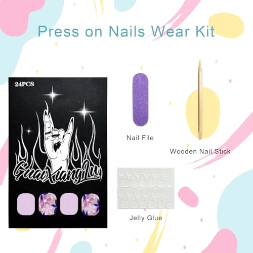 Short Square Floral Press On Nails Light Purple Glossy Acrylic Fake Nails