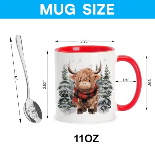 Highland Cow Christmas Mug with Spoon - Festive Holiday Coffee Cup - Xmas WR